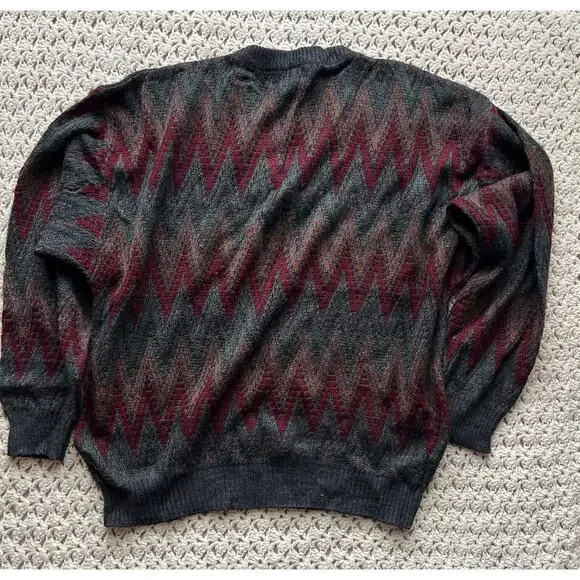Vintage 90s Striped Grandpa Sweater Red Green Copper V-neck Cosby Size XL - Picture 2 of 3